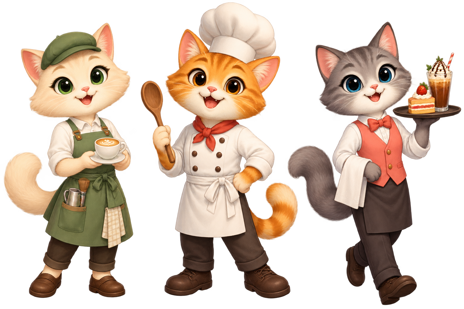 A team of cat café employees in storybook uniforms