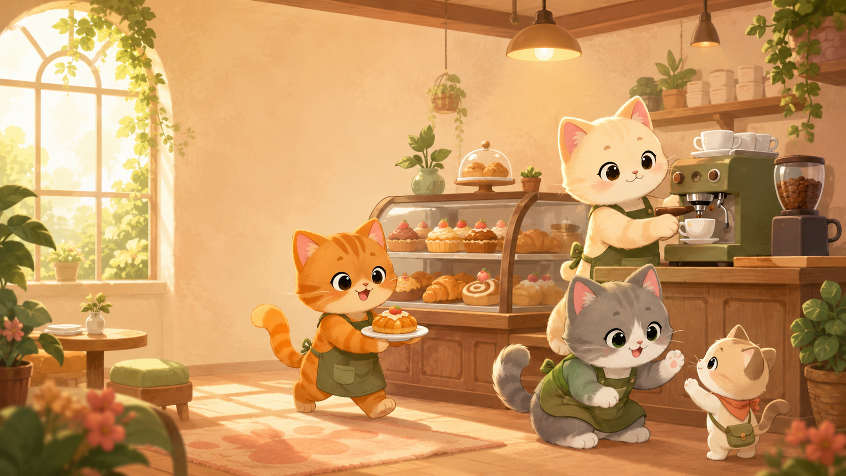 A cozy illustrated cat café with a smiling cat barista